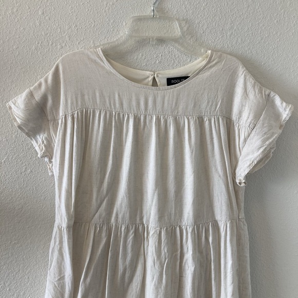 Roolee Babydoll Dress Size XS Tiered Mini Dress Beige Short Sleeve Cottagecore - Picture 2 of 15